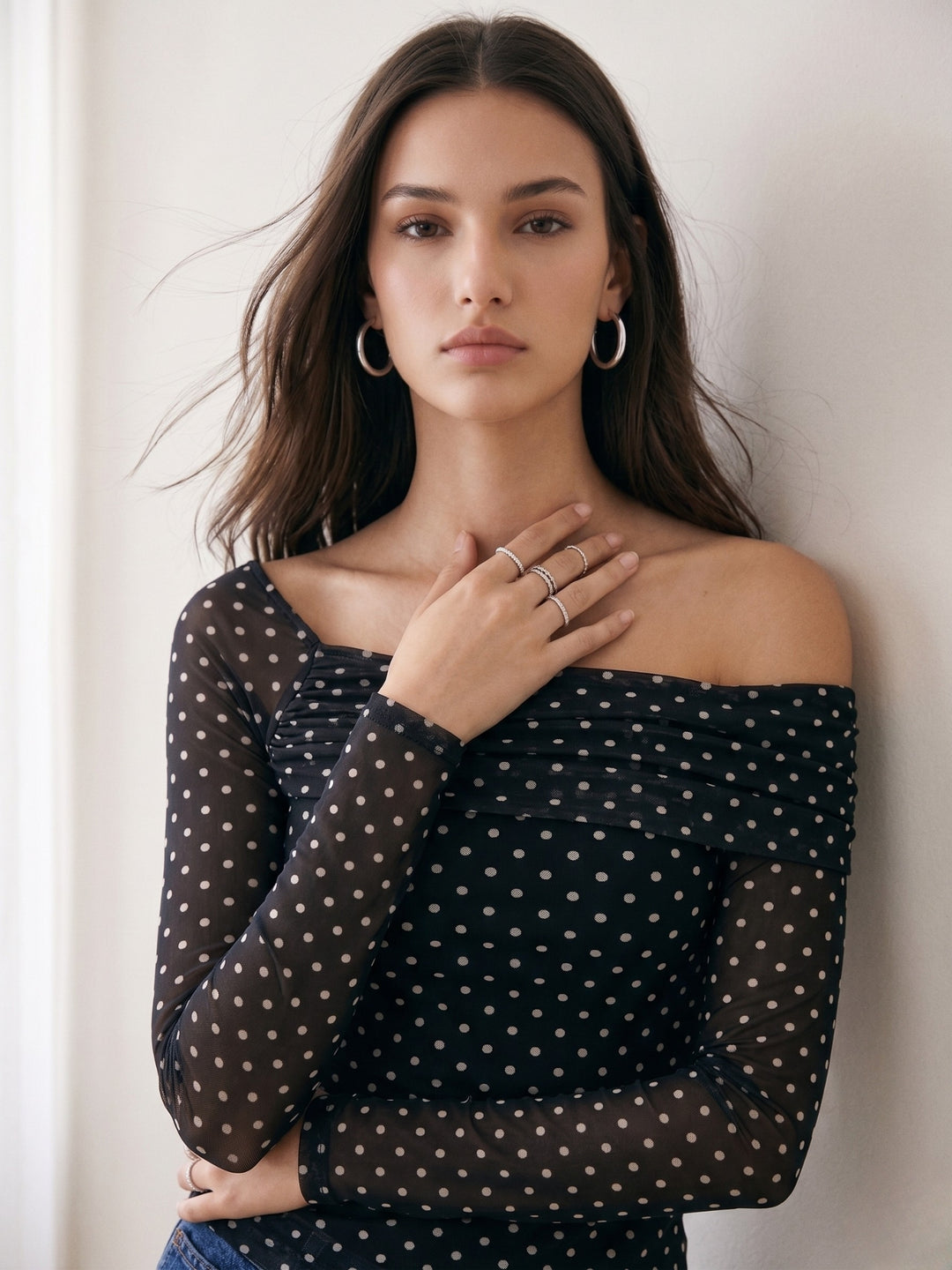 Black Polka Dot Assymetrical Off-Shoulder Top