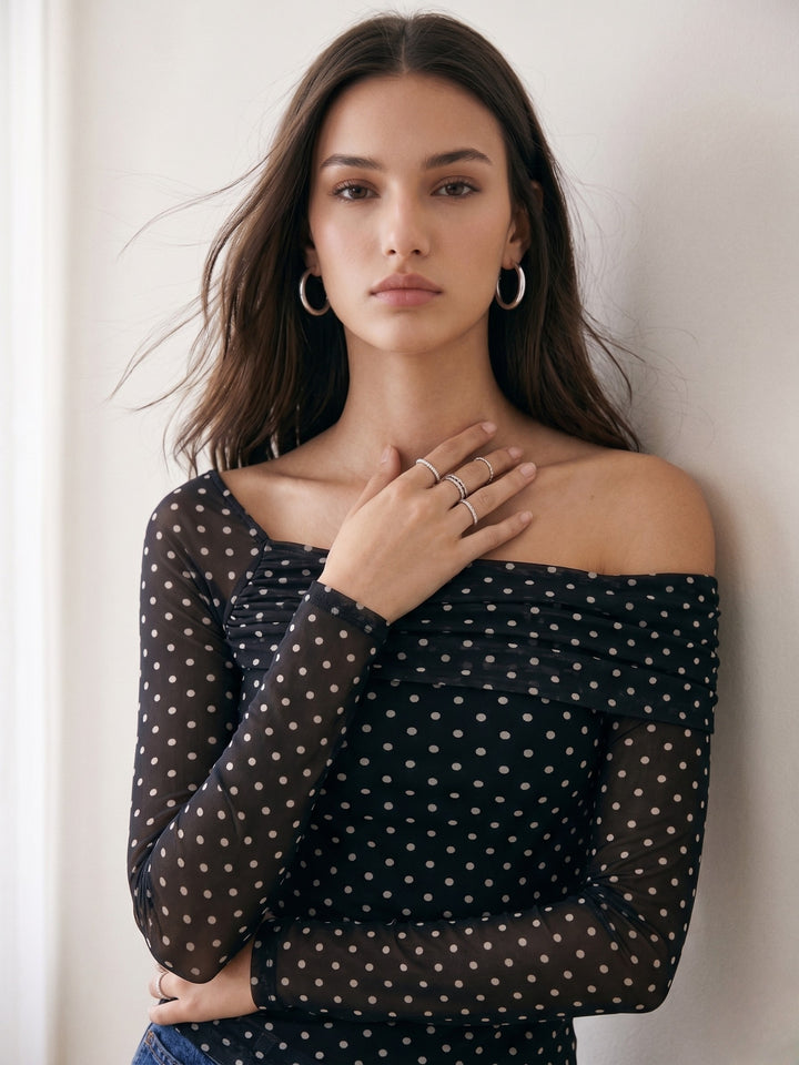 Black Polka Dot Assymetrical Off-Shoulder Top