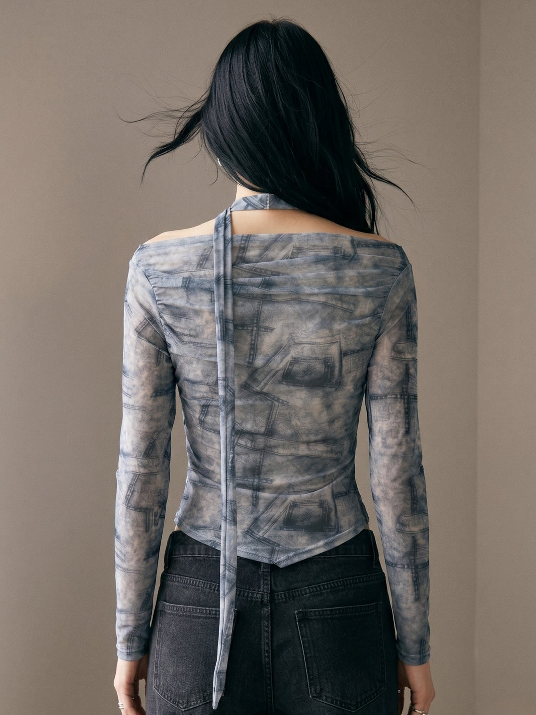 Blue Off-Shoulder Printed Top With Neck Tie Detail