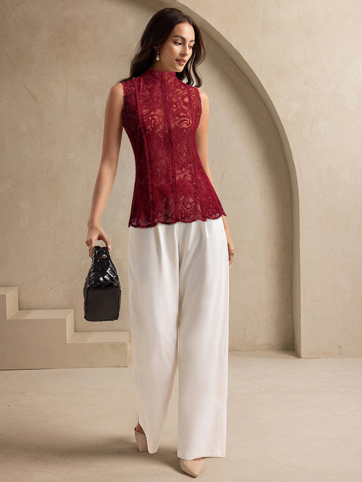 Maroon Lace Mock Neck Top