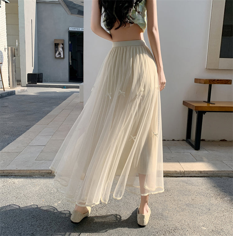 Cream A-Line Tulle Skirt With Bow Detail