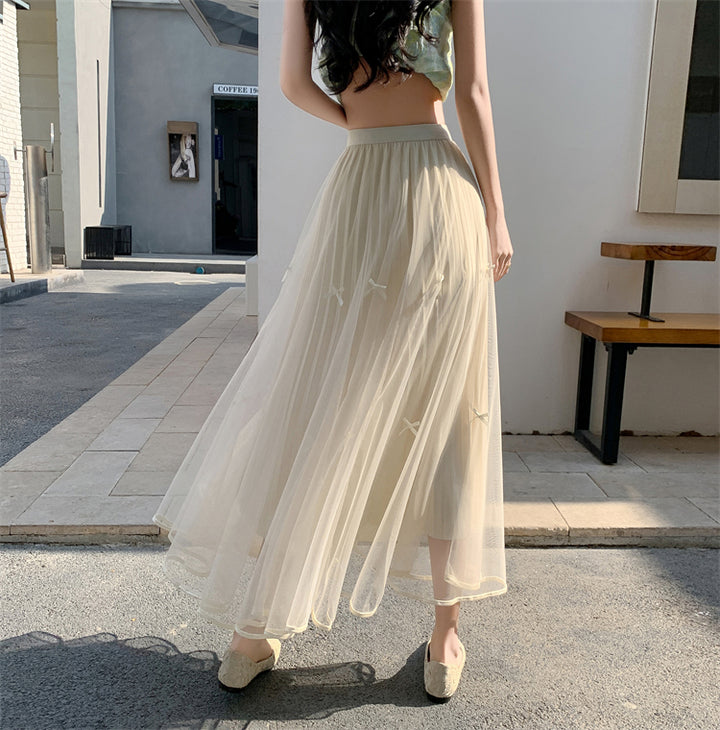 Cream A-Line Tulle Skirt With Bow Detail