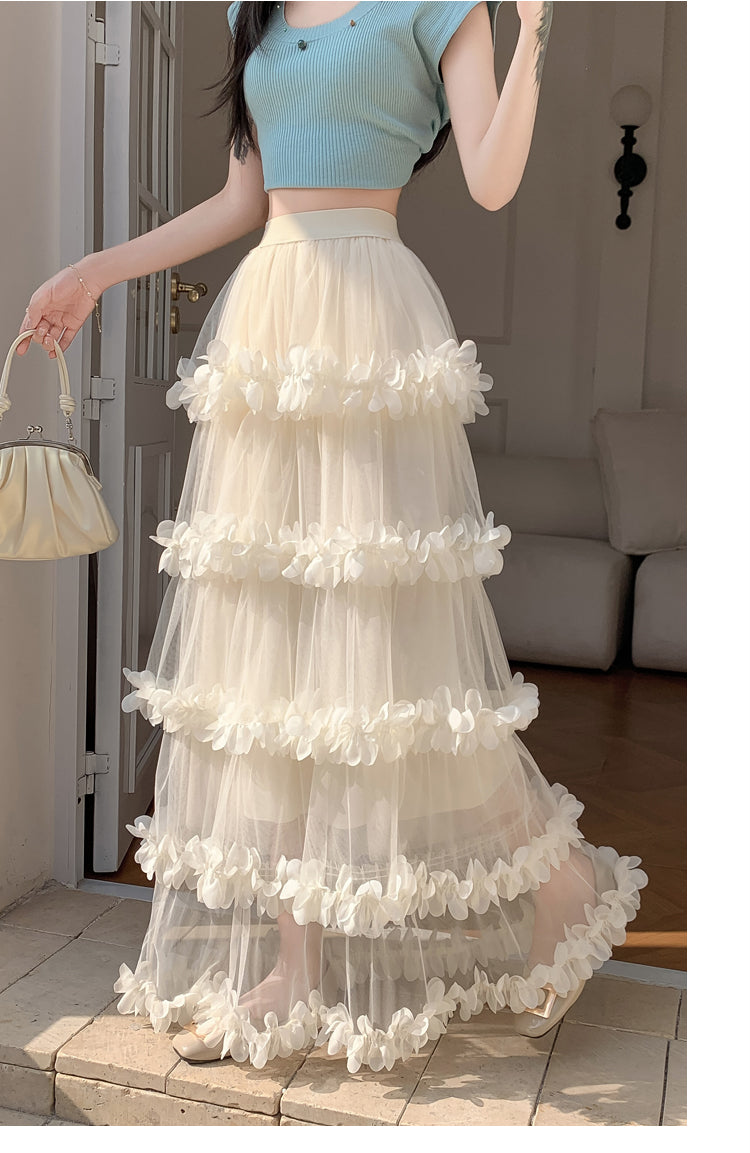Cream Scrunched Ruffles Tiered Skirt