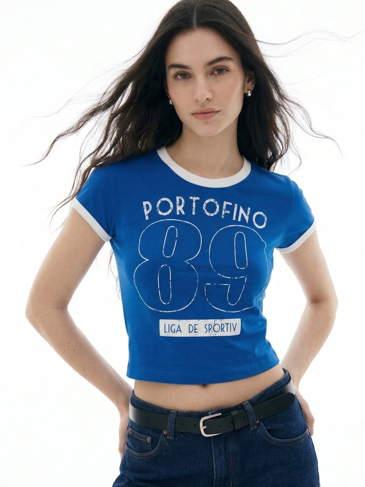 Blue Raglan Cropped Top With Graphic Print