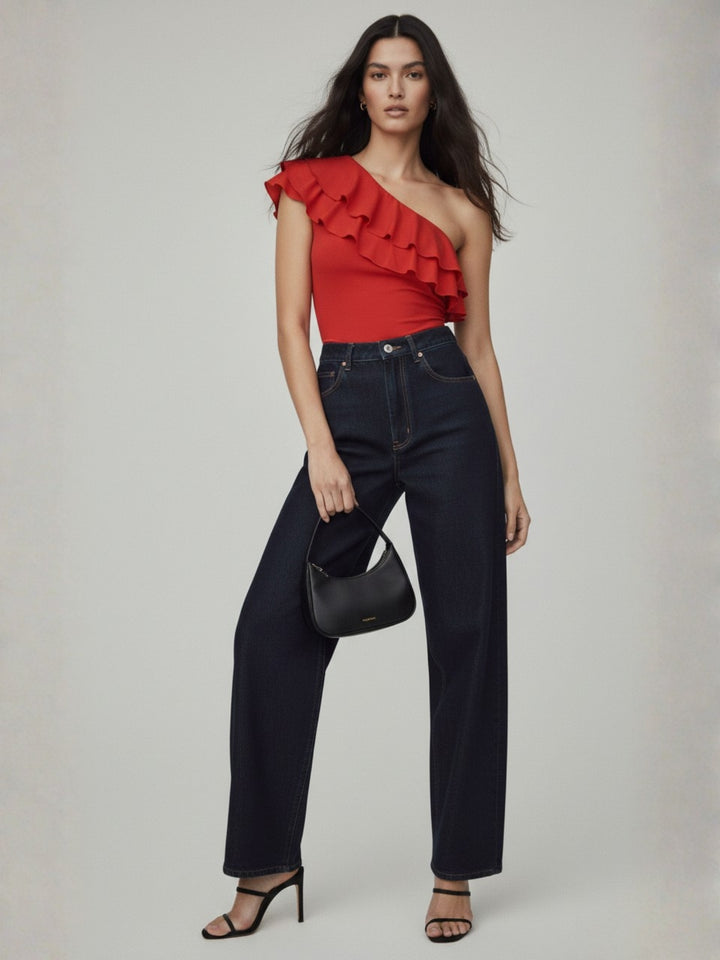 Red One Shoulder Ruffled Top