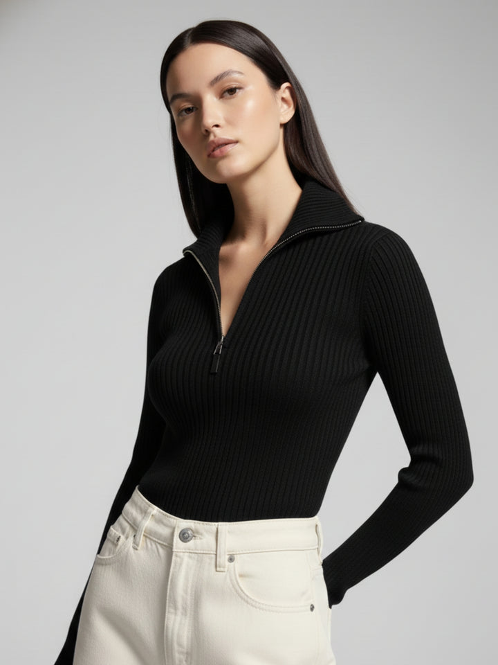 Black Full Sleeve Half Zipped Sweatshirt