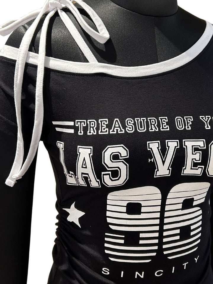 Black Cold One-Shoulder Strap Tie Up With Side Ruching And Graphic Print