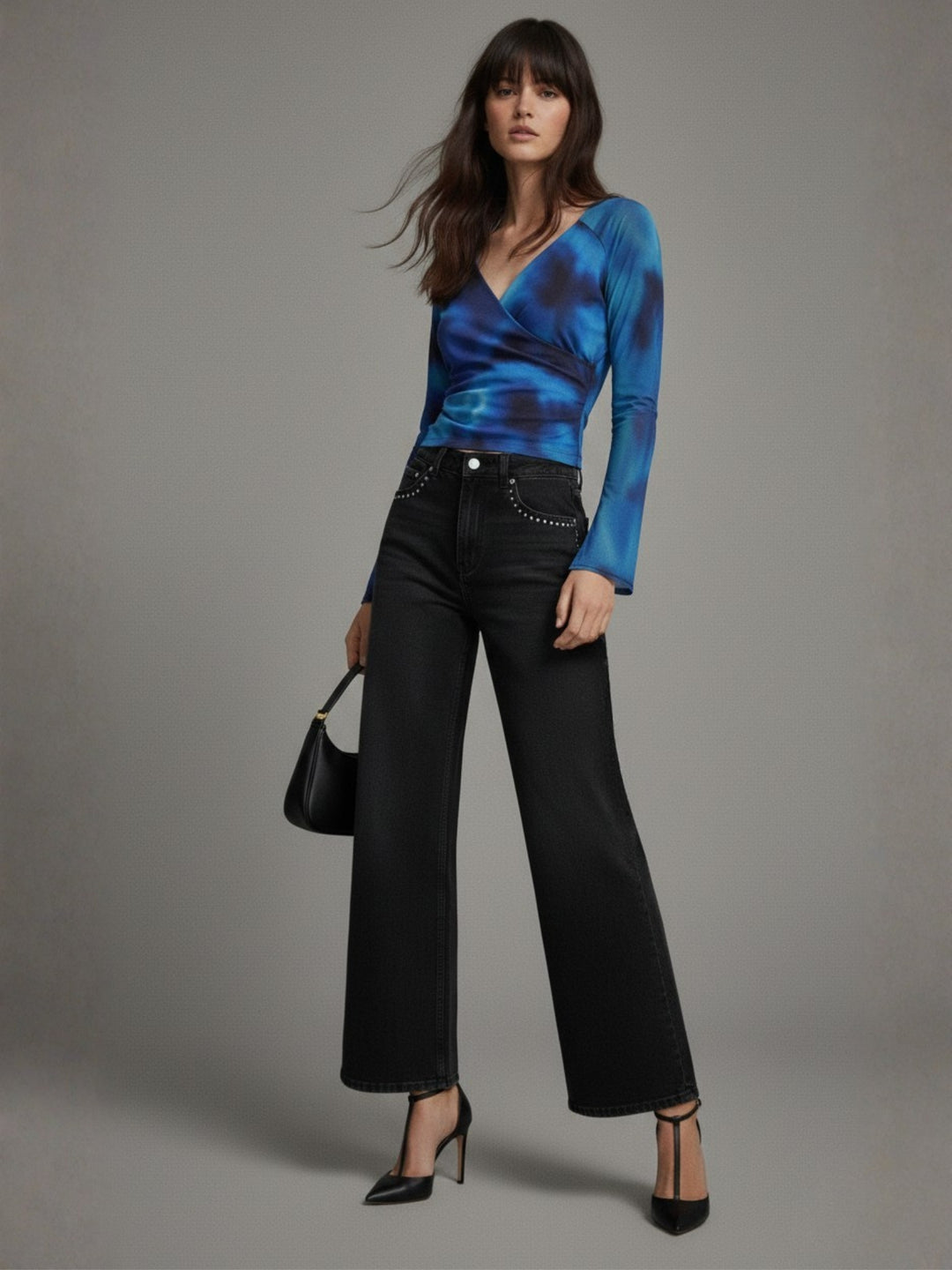 Blue Printed Mesh Wrap Top With Bell Sleeves