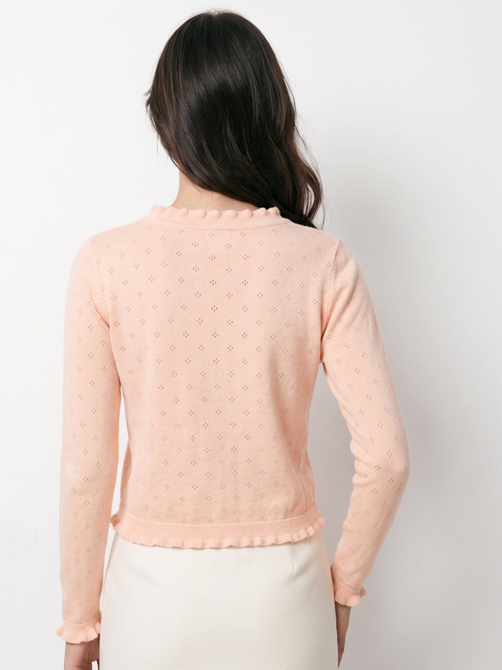 Pink Pointelle Textured Cardigan Styled Top