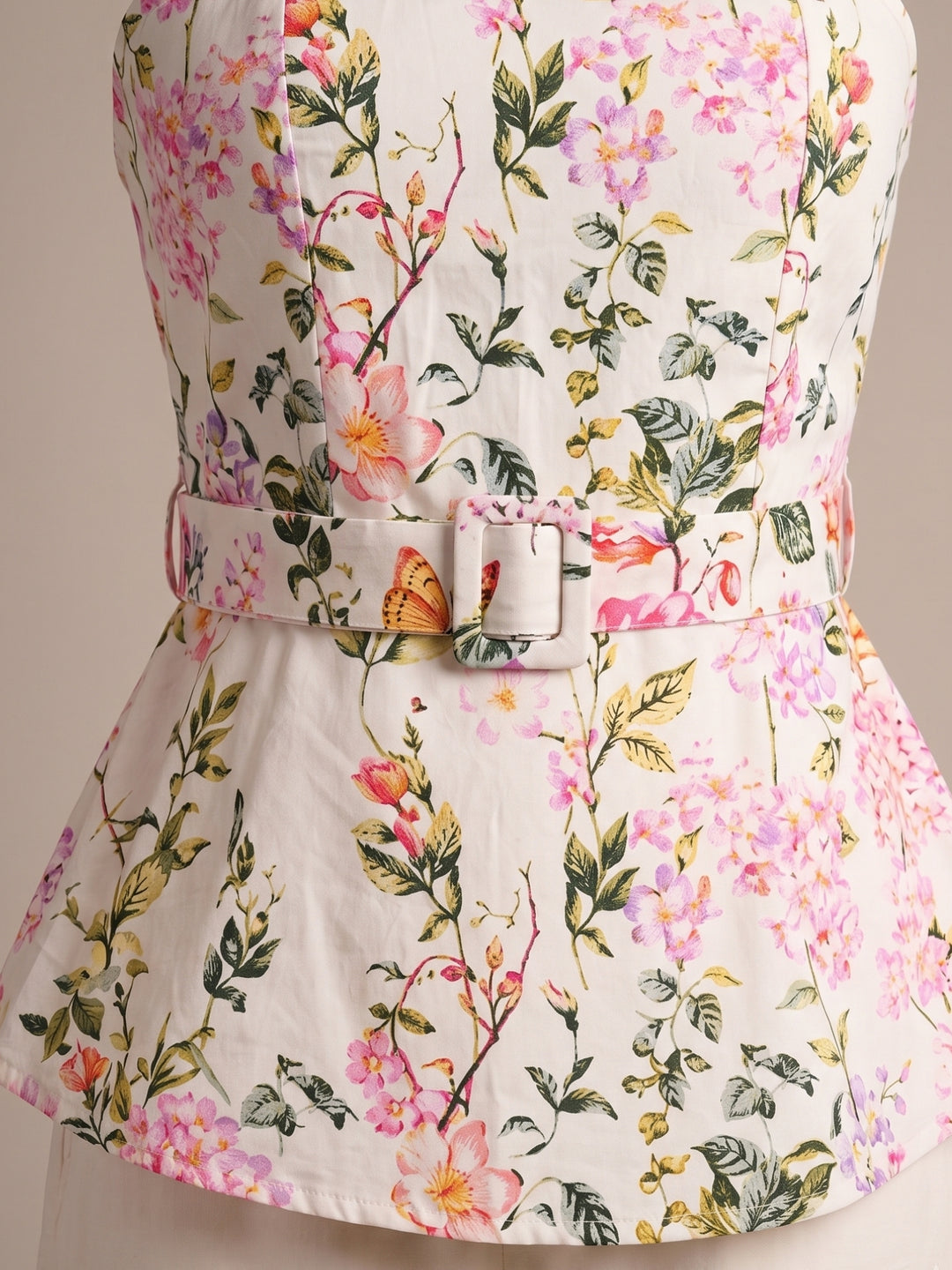 Off White Floral Printed Off Shoulder  Co-Ord Set With Belt