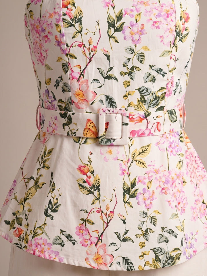 Off White Floral Printed Off Shoulder  Co-Ord Set With Belt