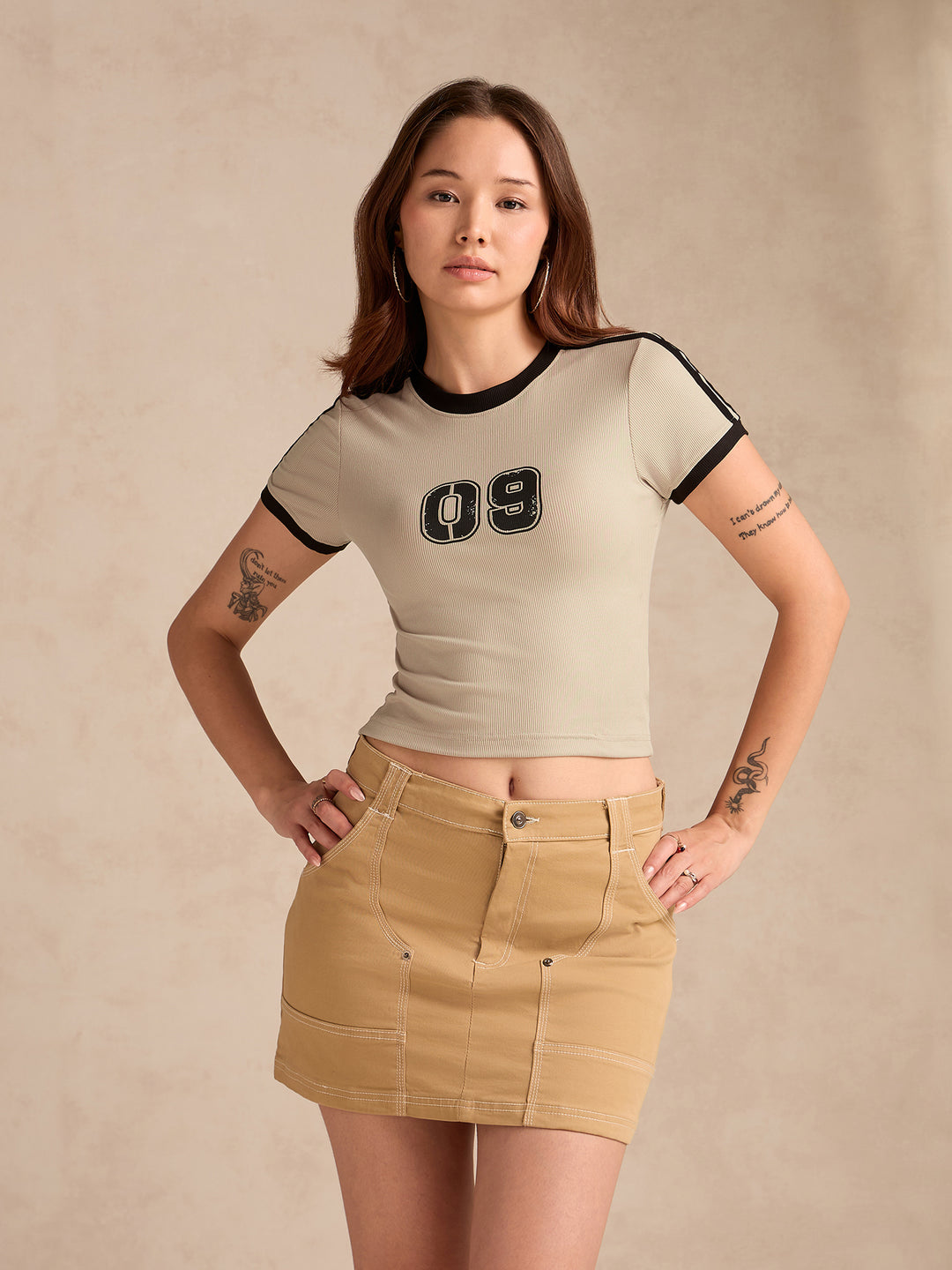 Beige Cotton Ribbed Contrast Detail Crop Tee