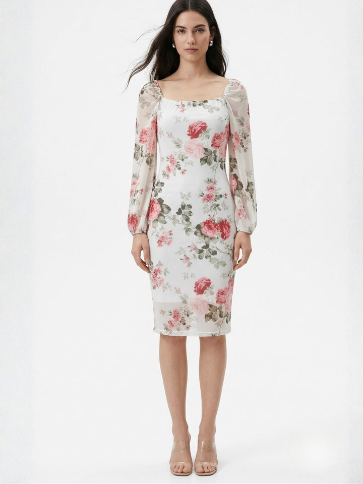 Off White Bishop Sleeve Square Neck Floral Printed Dress