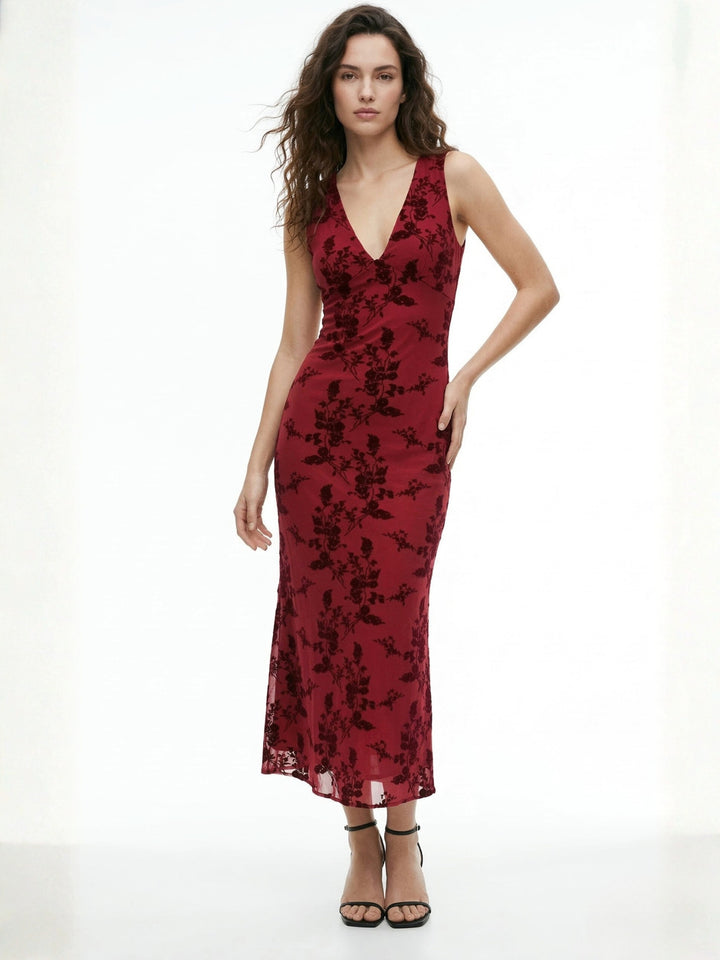Red Plunge Neck Sleeveless Printed Dress
