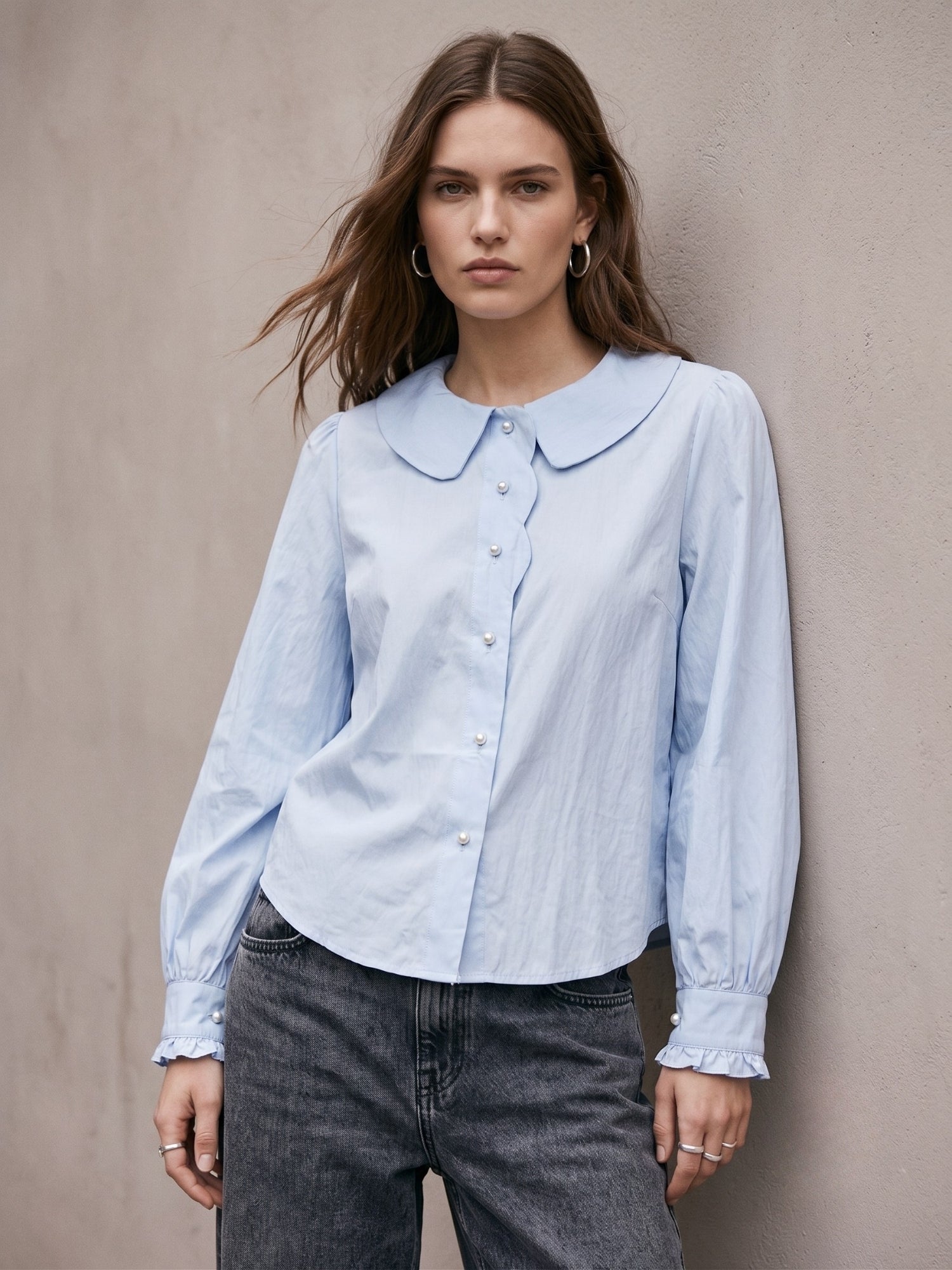 Blue Scallop Placket Peter Pan Shirt