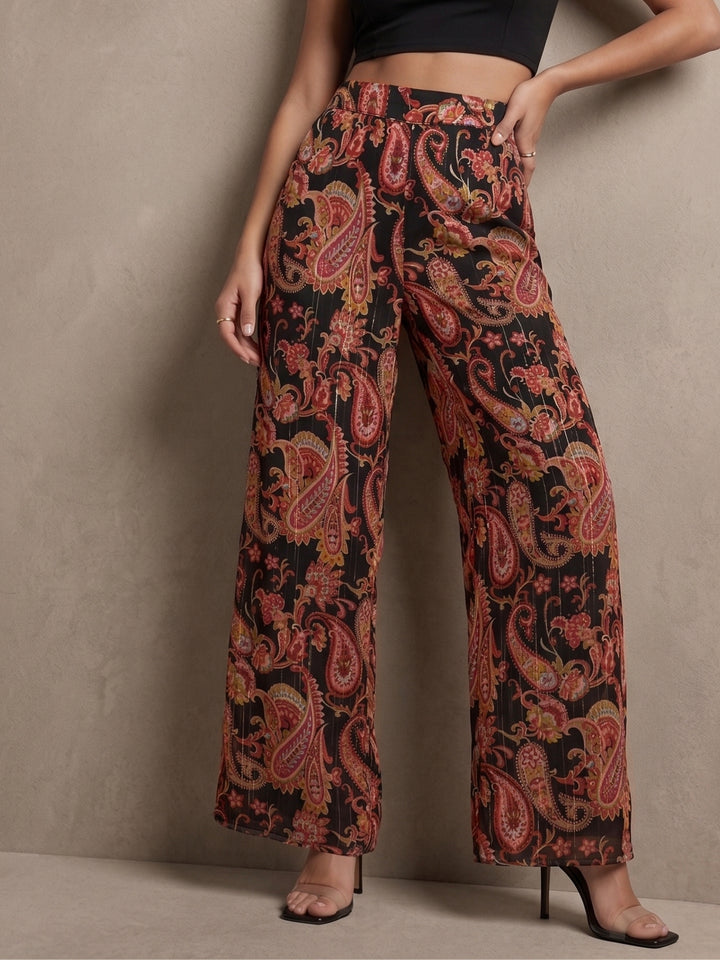 Brown Balloon Sleeve Peplum Top Coord Set With Wide Leg Trouser