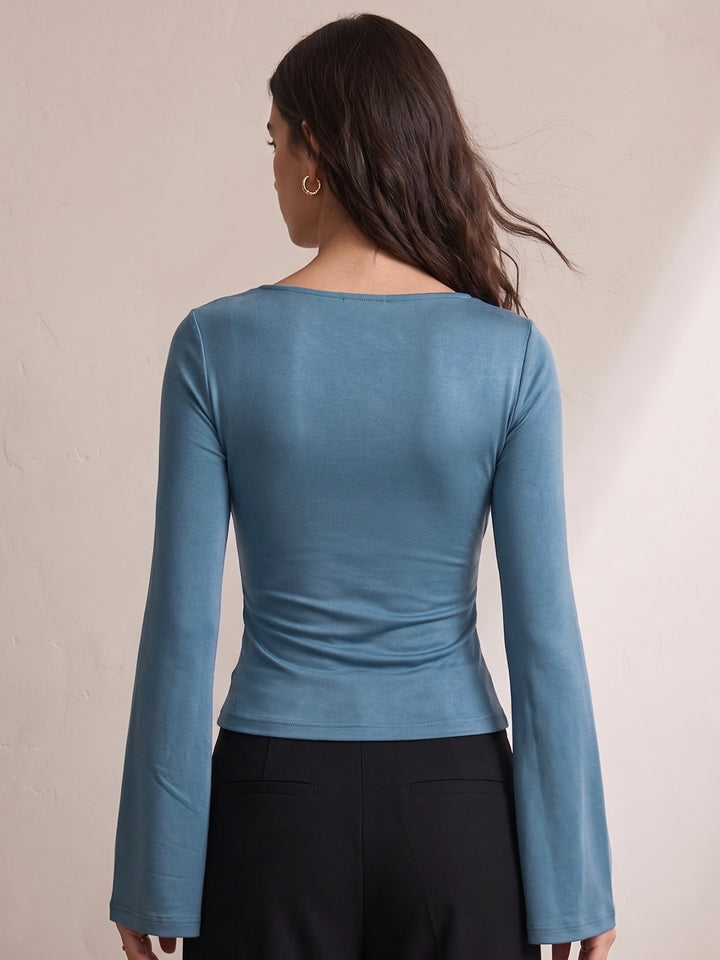 Teal Cowl Neck Asymmetric Hem Top
