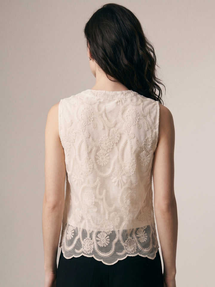 Off White Sleeveless Front Buttoned Lace Top