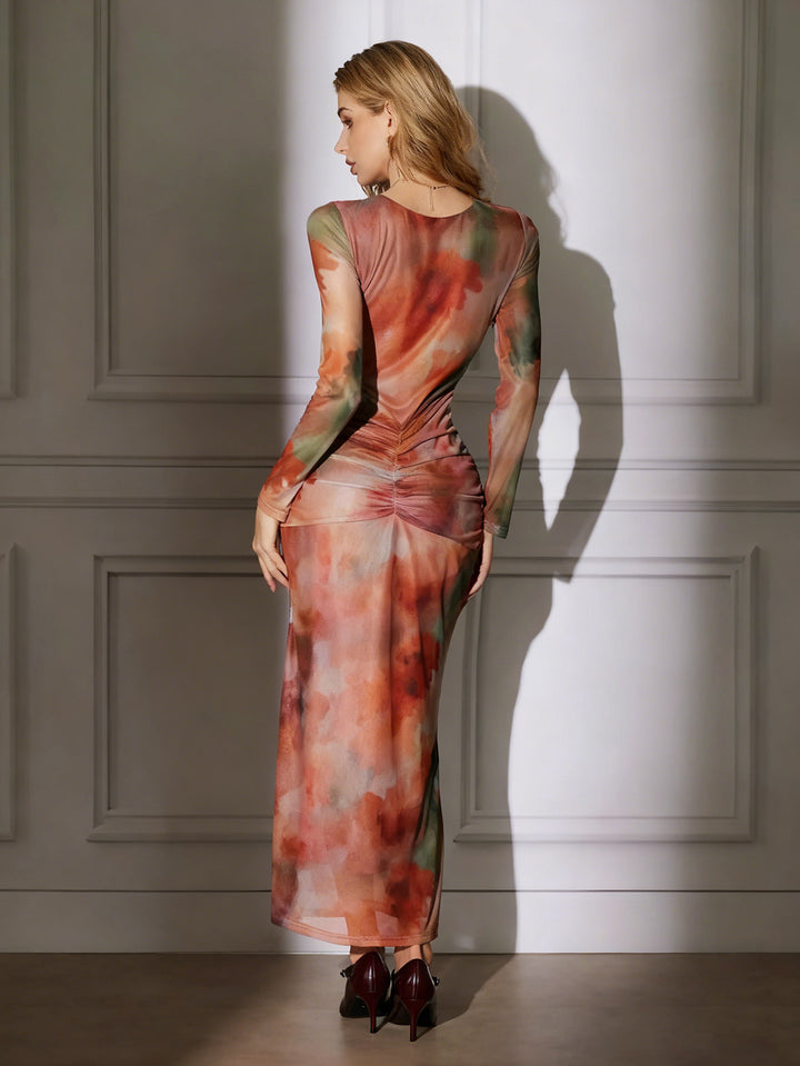 Multi Full Sleeve Waist Gathered Printed Dress