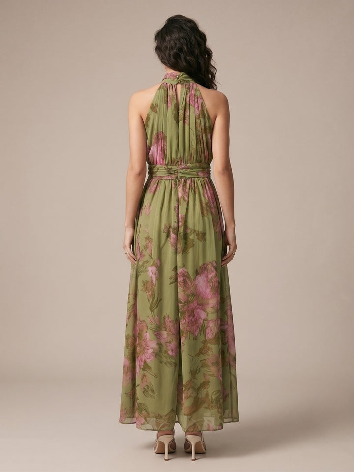 Green Halter Neck Printed Dress With Cinched Waist