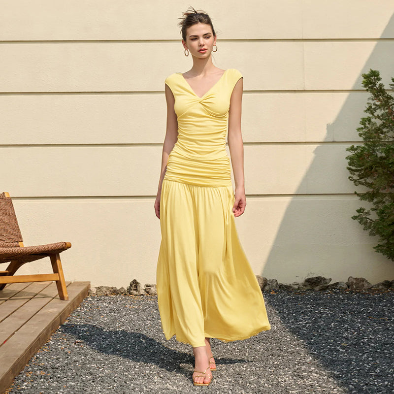 Yellow Short Sleeve V Neck Top And Skirt Set
