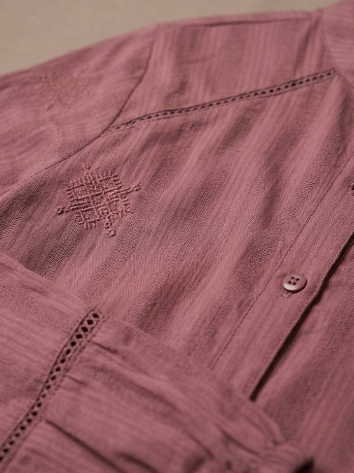 Purple Relaxed Fit Long Sleeves Embroidered Shirt