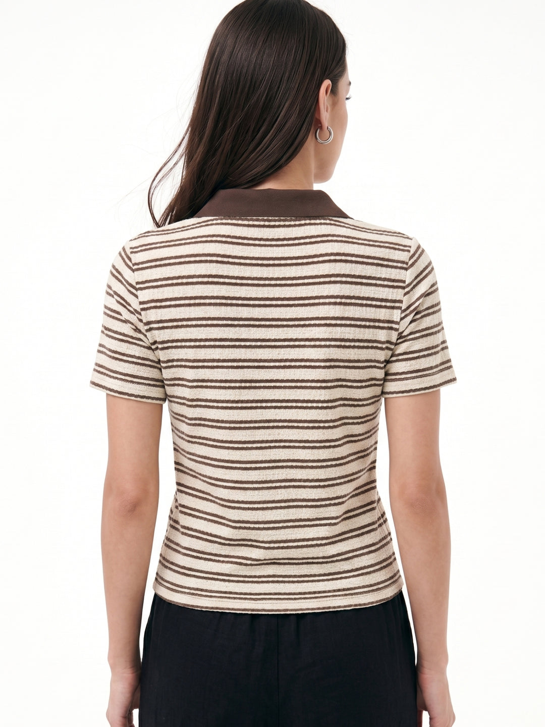 Cream Striped Polo Neck Top