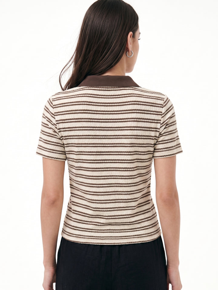 Cream Striped Polo Neck Top