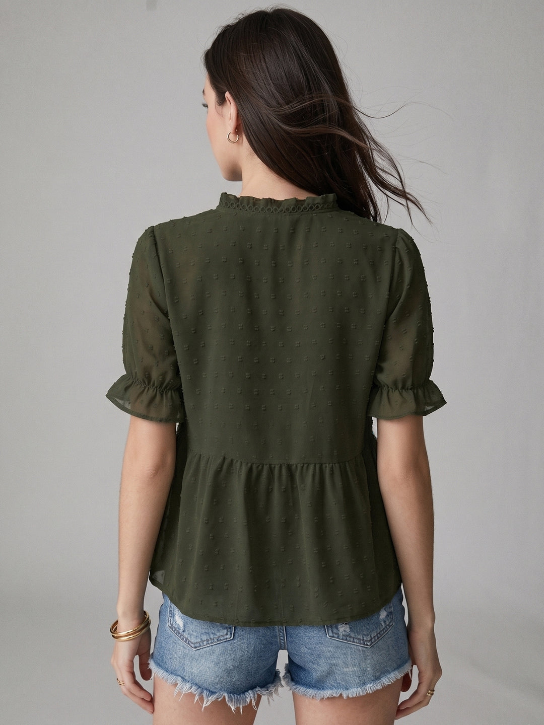 Green Ruffle Sleeve V Neck Top