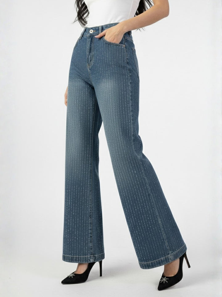 Blue High Waist Wide Leg Studded Jeans