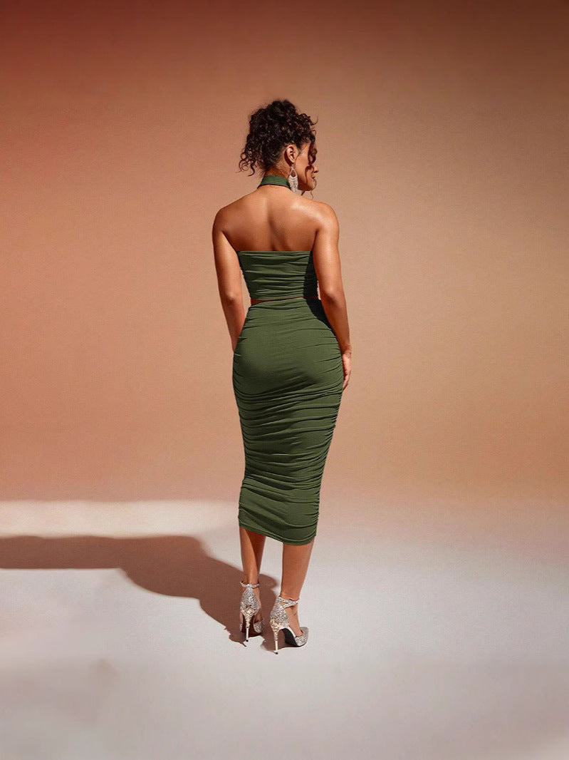 Olive Cross Over Halter Neck Ruched Top & Skirt Set