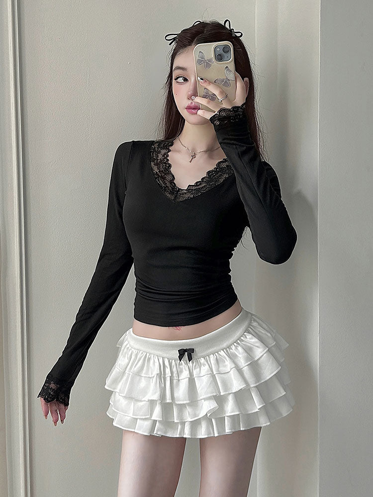 Black Lace Insert V Neck Full Sleeves Top