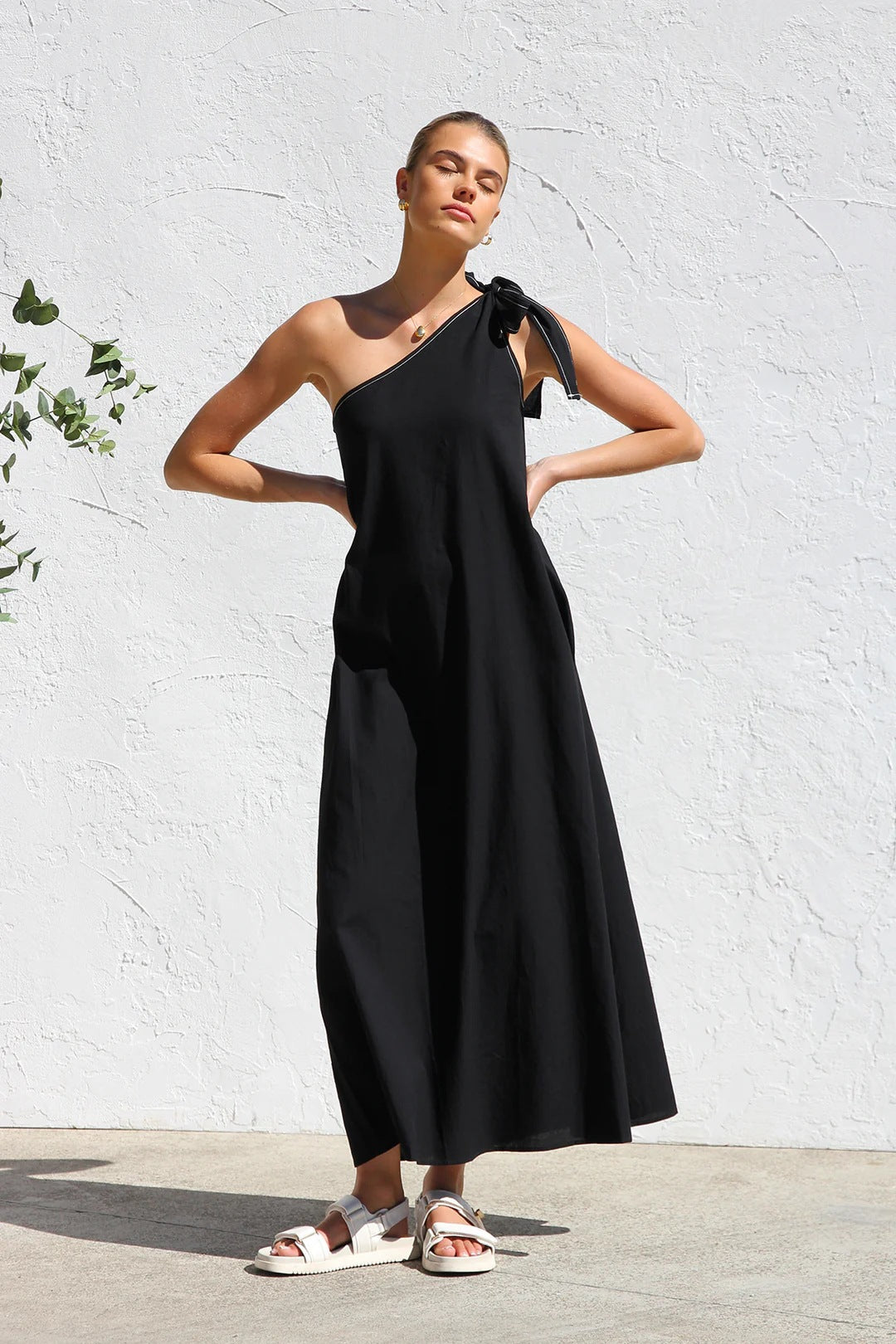 Black One Shoulder Tie-Up Dress