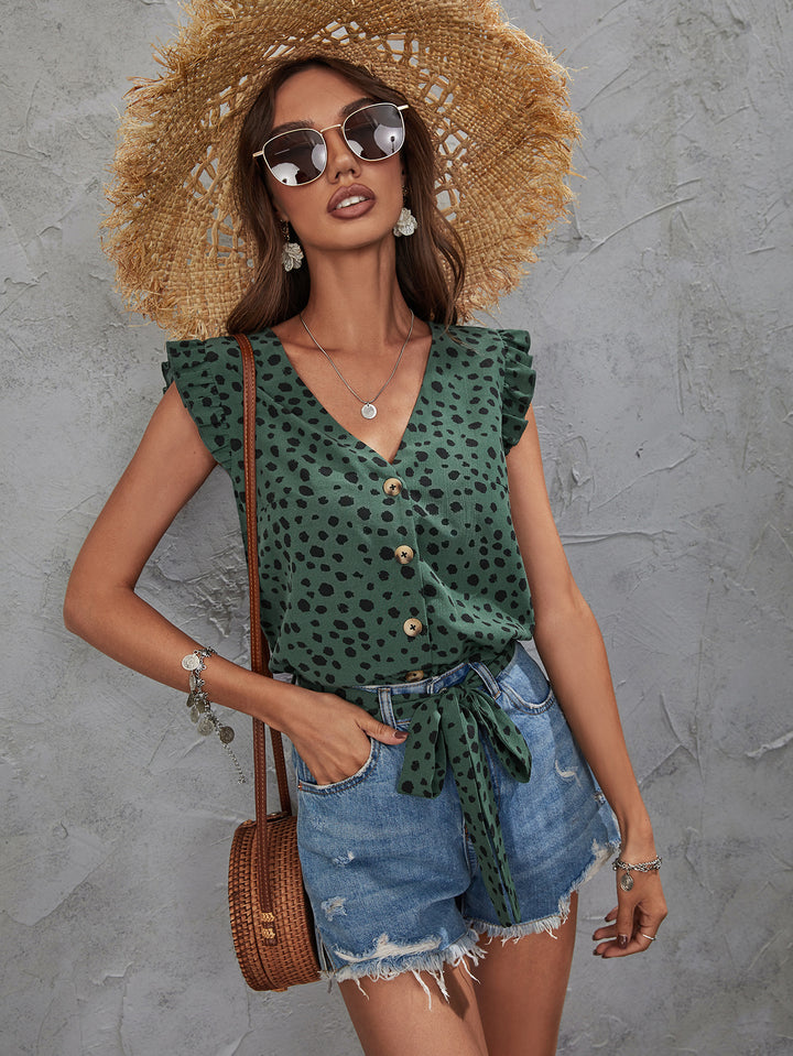 Green Front Buttoned Top With Waist Tie Up