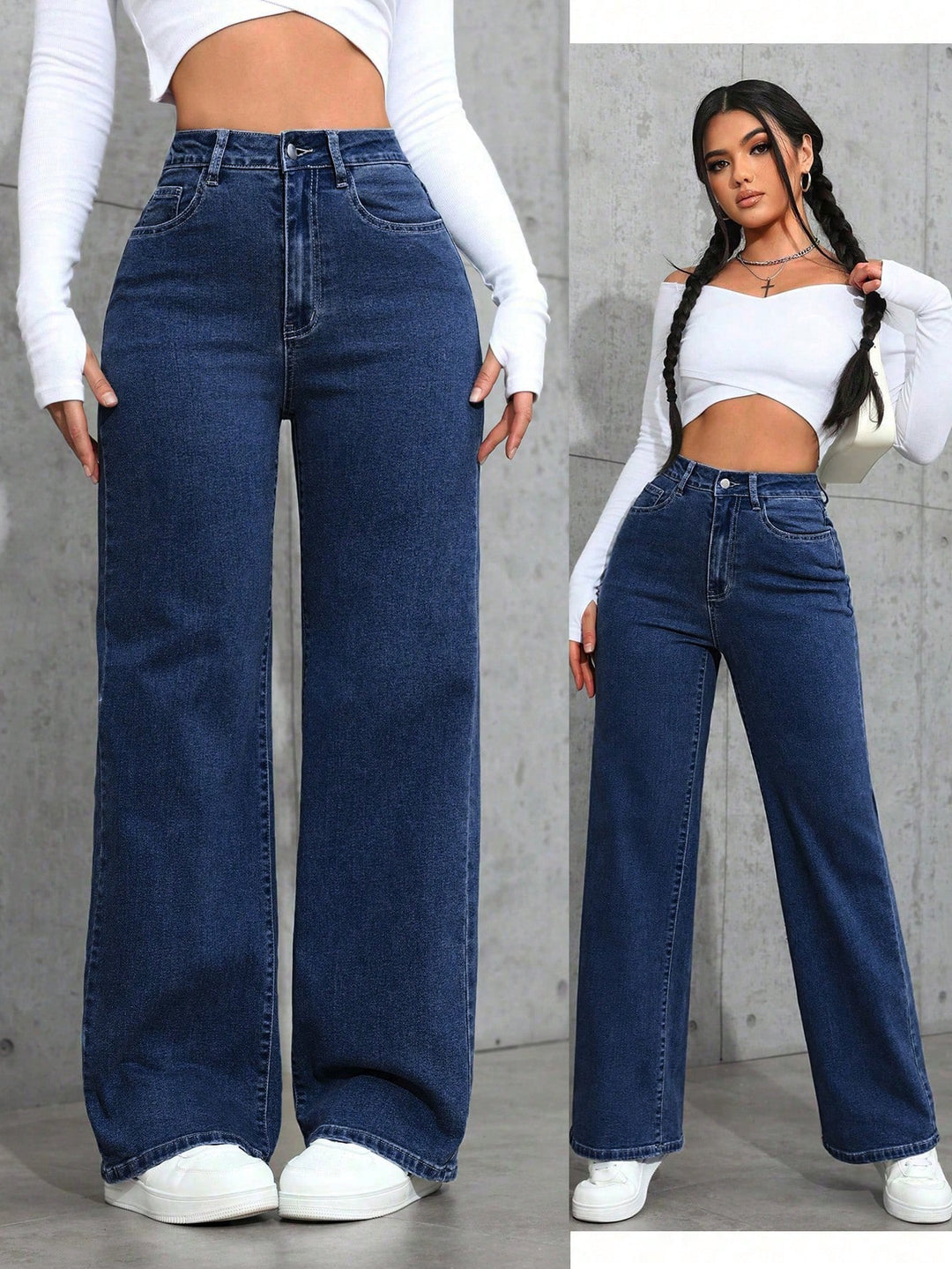 Blue Dark Washed Basic Wide Leg Jeans
