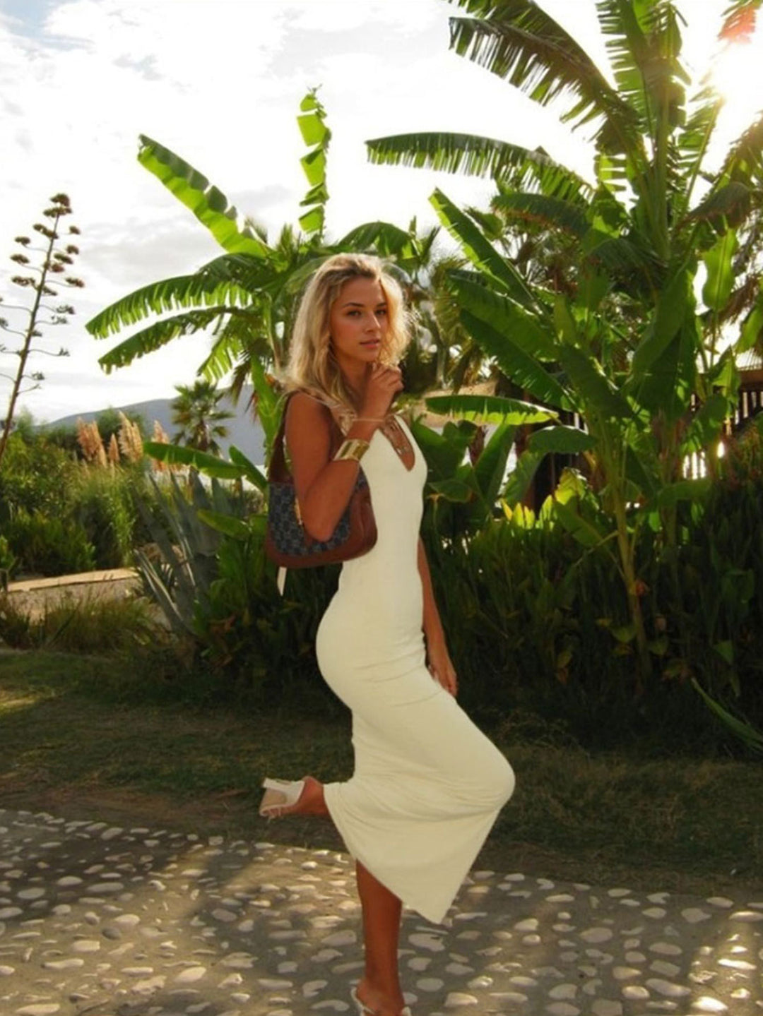 Cream Halter Plunging Neck Dress