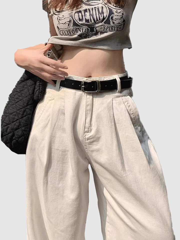 Cream Pleated Denim Jeans