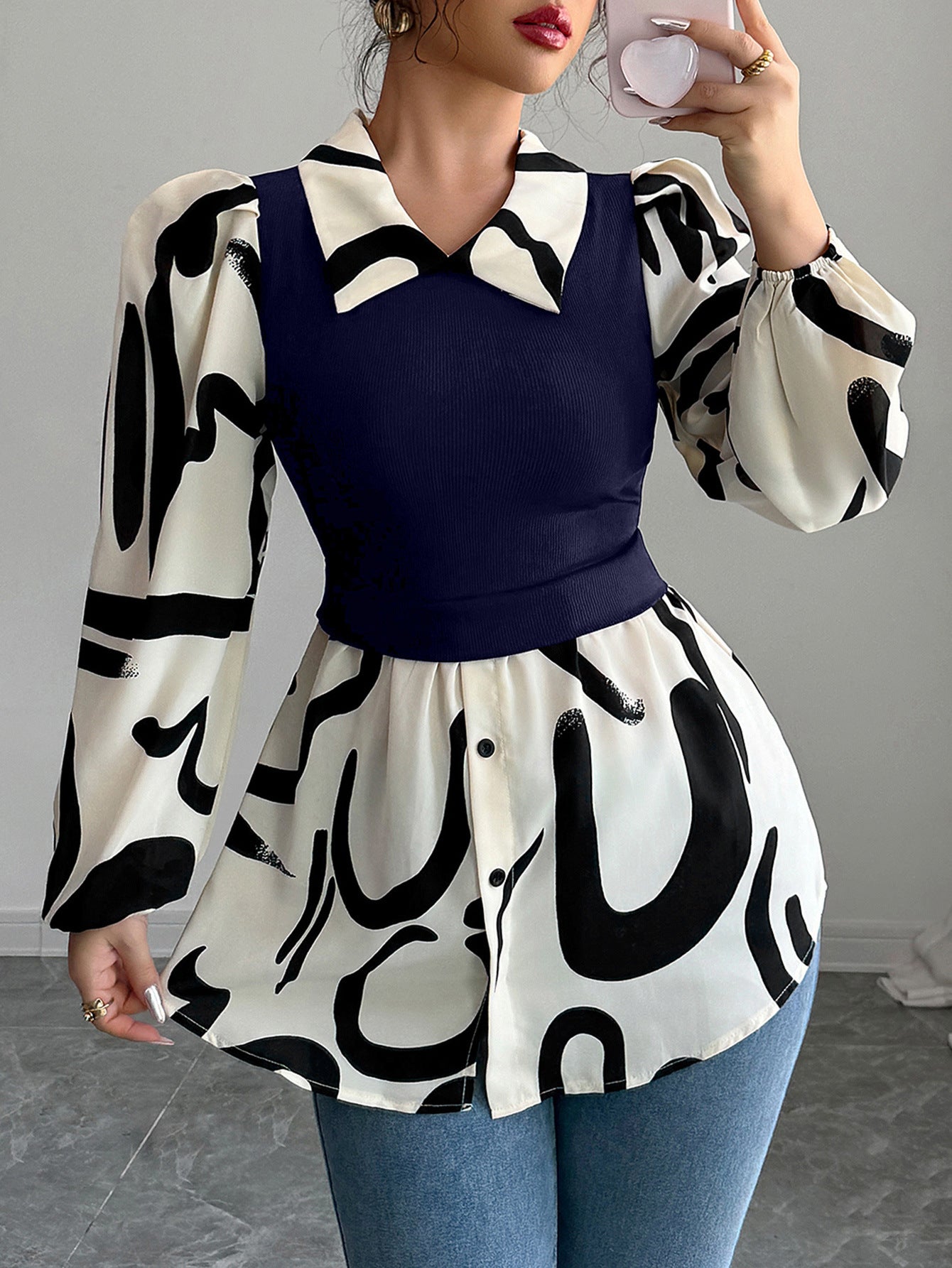 Navy Blue Printed Contrast Full Sleeved Top