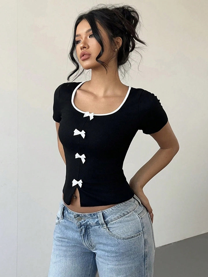Black Short Sleeve Contrast Neckline Front Bow Top