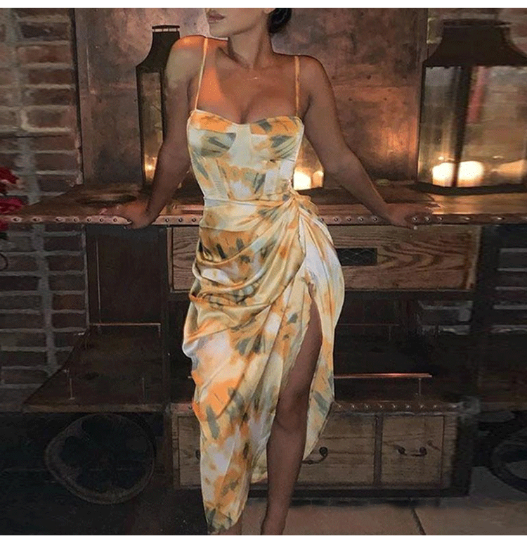 Yellow Sweetheart Neckline Printed Wrap Hem Dress