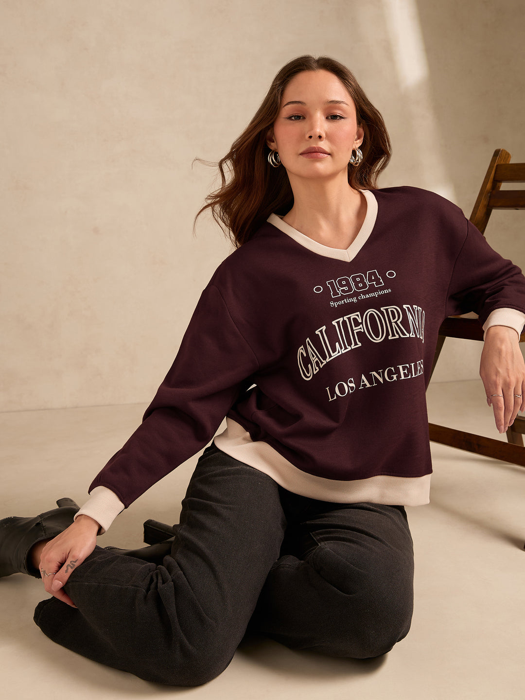 Brown Contrast Neck Graphic Russian Fleece Pullover