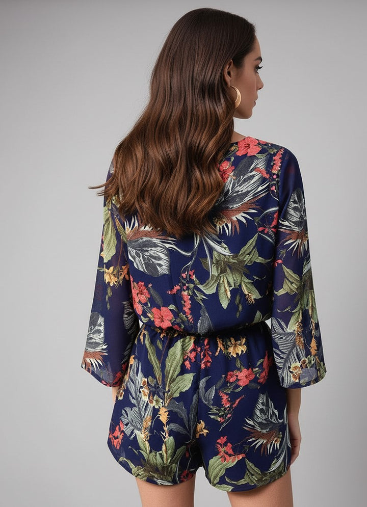 Navy Blue Printed V Neck Playsuit