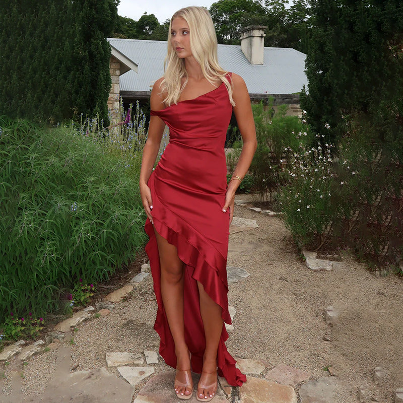 Red One Shoulder Hem Ruffle Dress