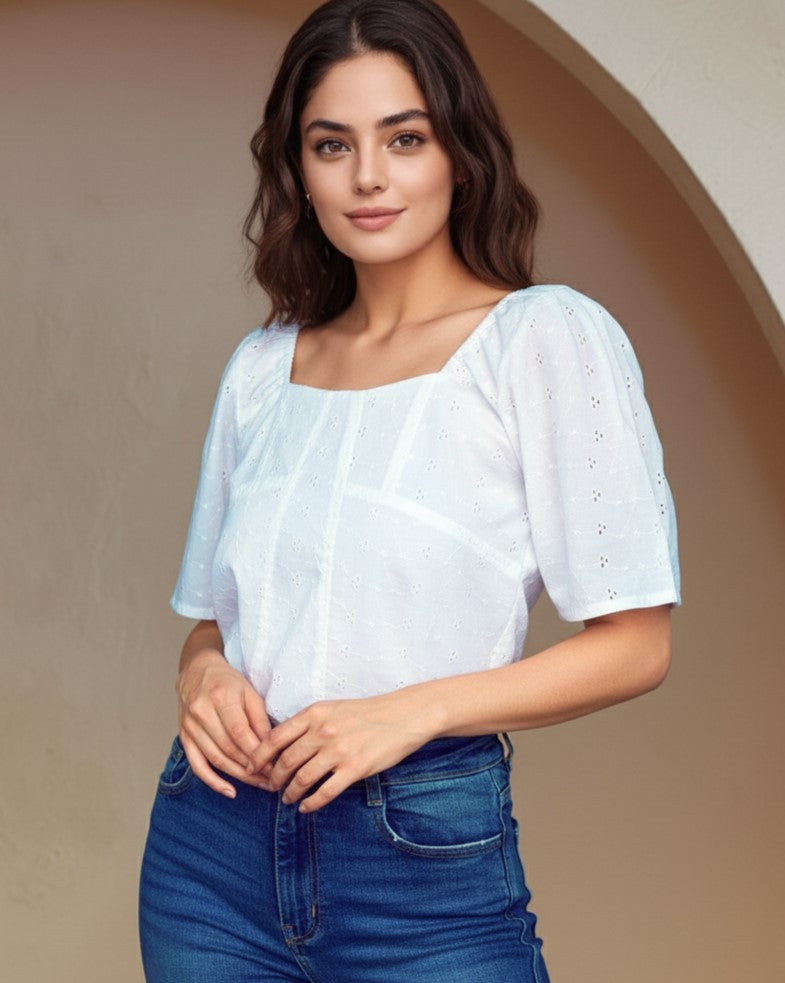 White Puff Print Schiffli Top
