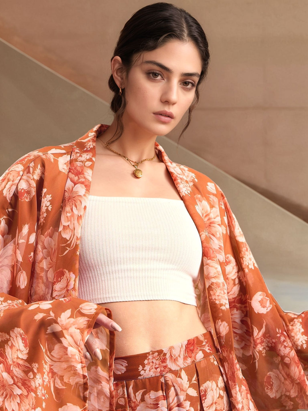 Rust Abstract Printed Full Sleeve Relaxed Shrug