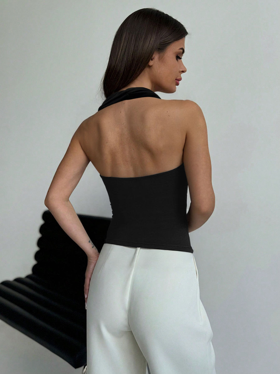 Black Cross Halter Neck Buckle Attached Top