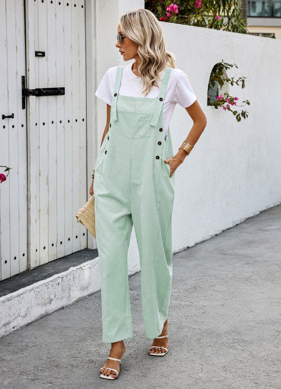 Green Striped Dungaree Style Jumpsuit