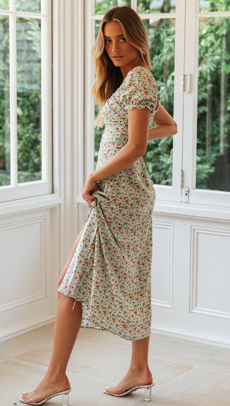 Multi Sweetheart Neckline Printed Puff Sleeves Dress