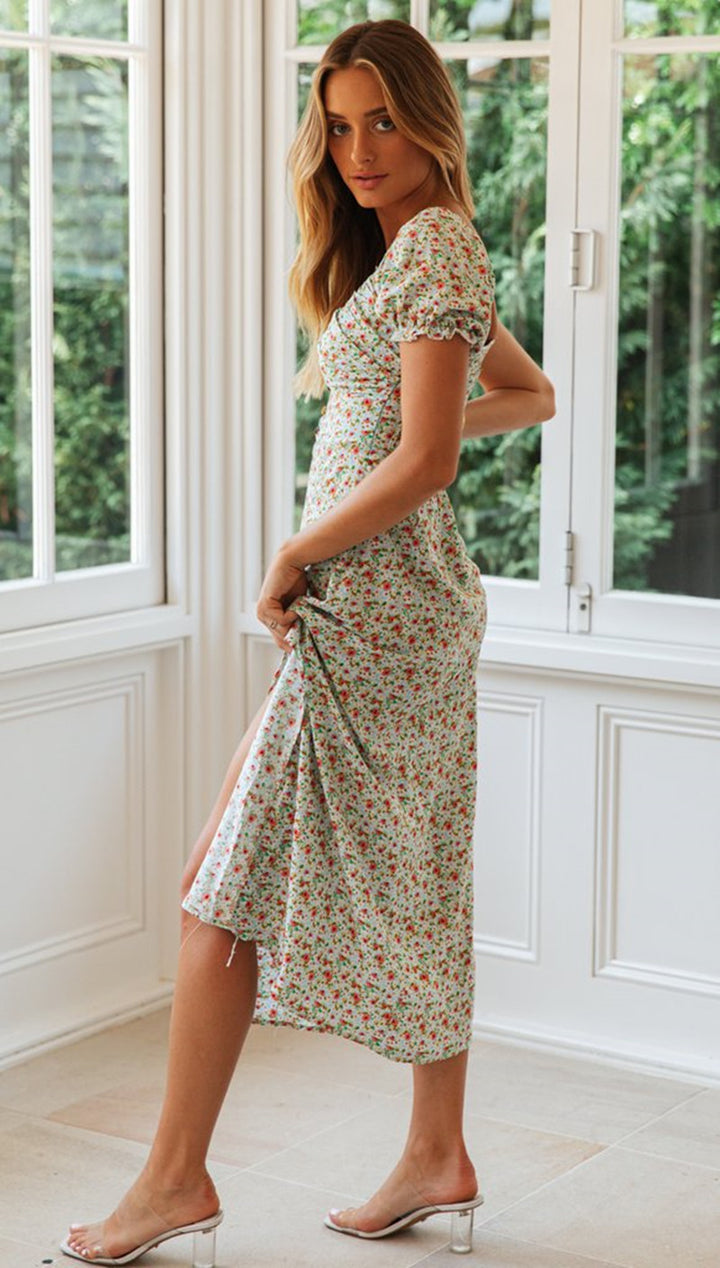 Multi Sweetheart Neckline Printed Puff Sleeves Dress