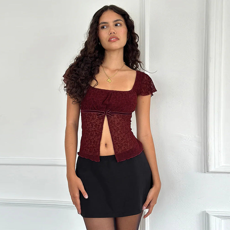 Red Lace Flutter Sleeves Top